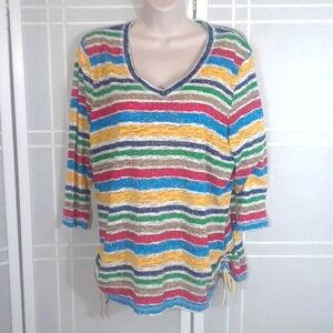 Multi-colored stripe V-neck knit Tee L